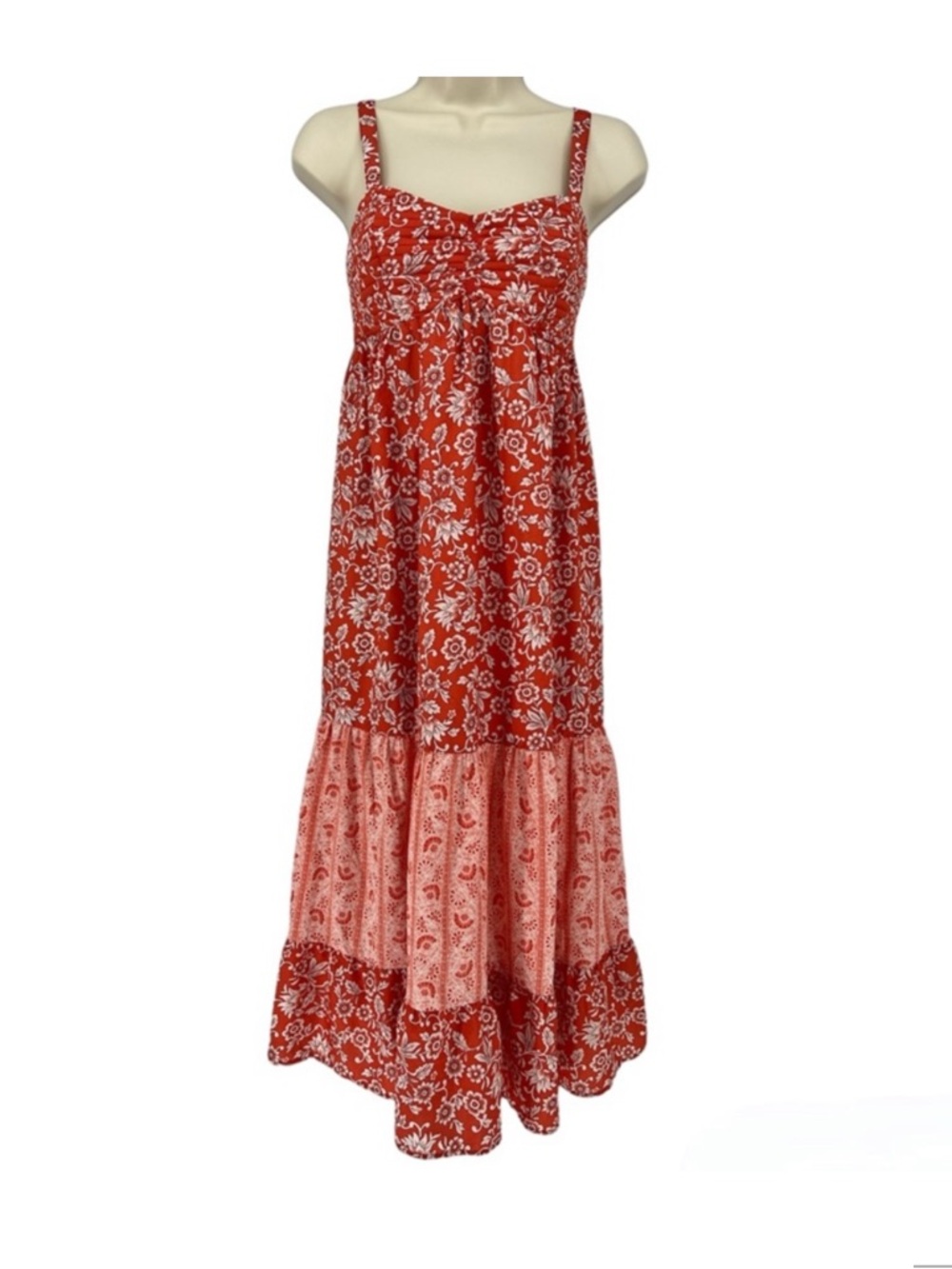 Red & White Floral Tiered Maxi Sundress